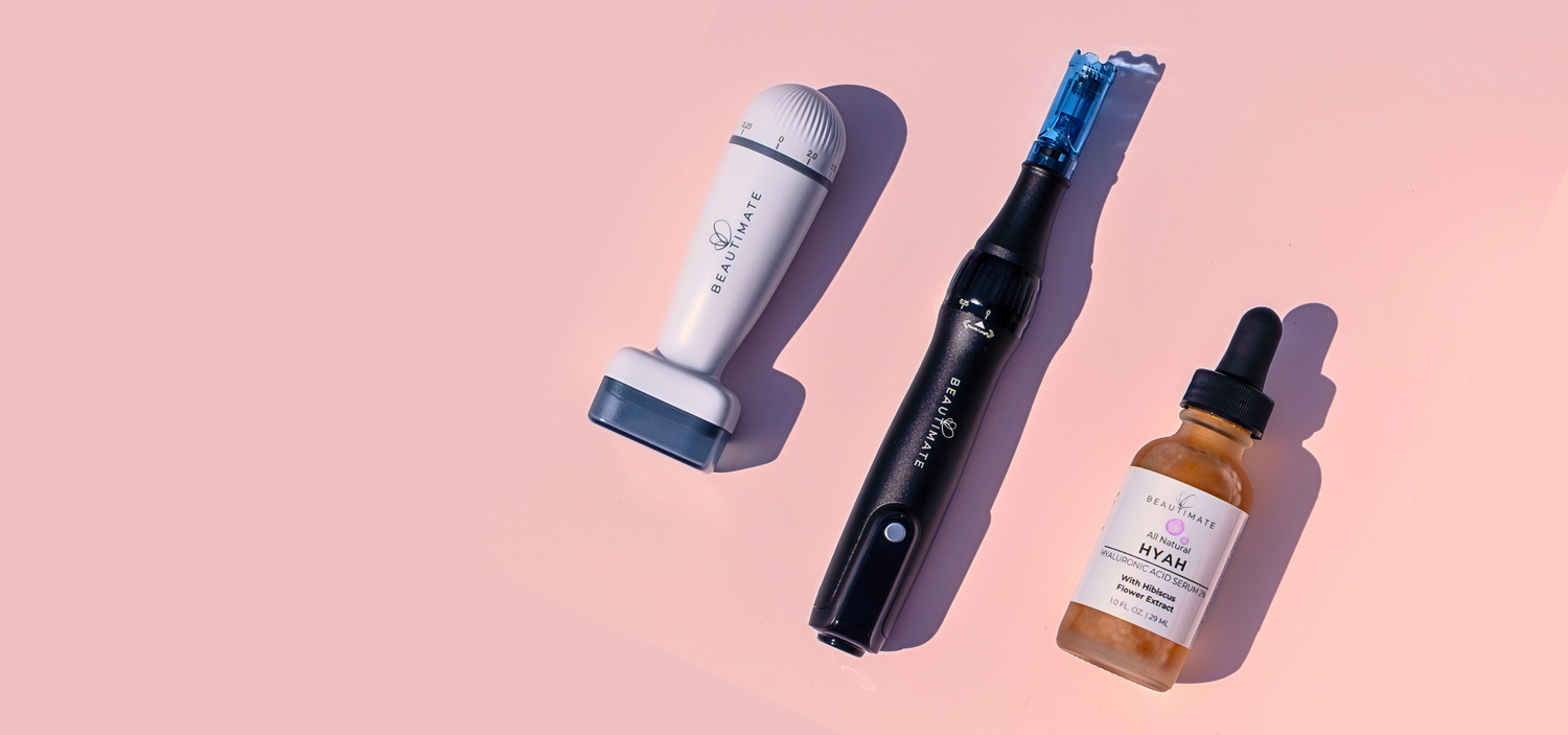 Beautimate Microneedle Pen, Adjustable Derma Stamp, and Hyah Hyaluronic Acid Serum displayed together for at-home microneedling skincare.
