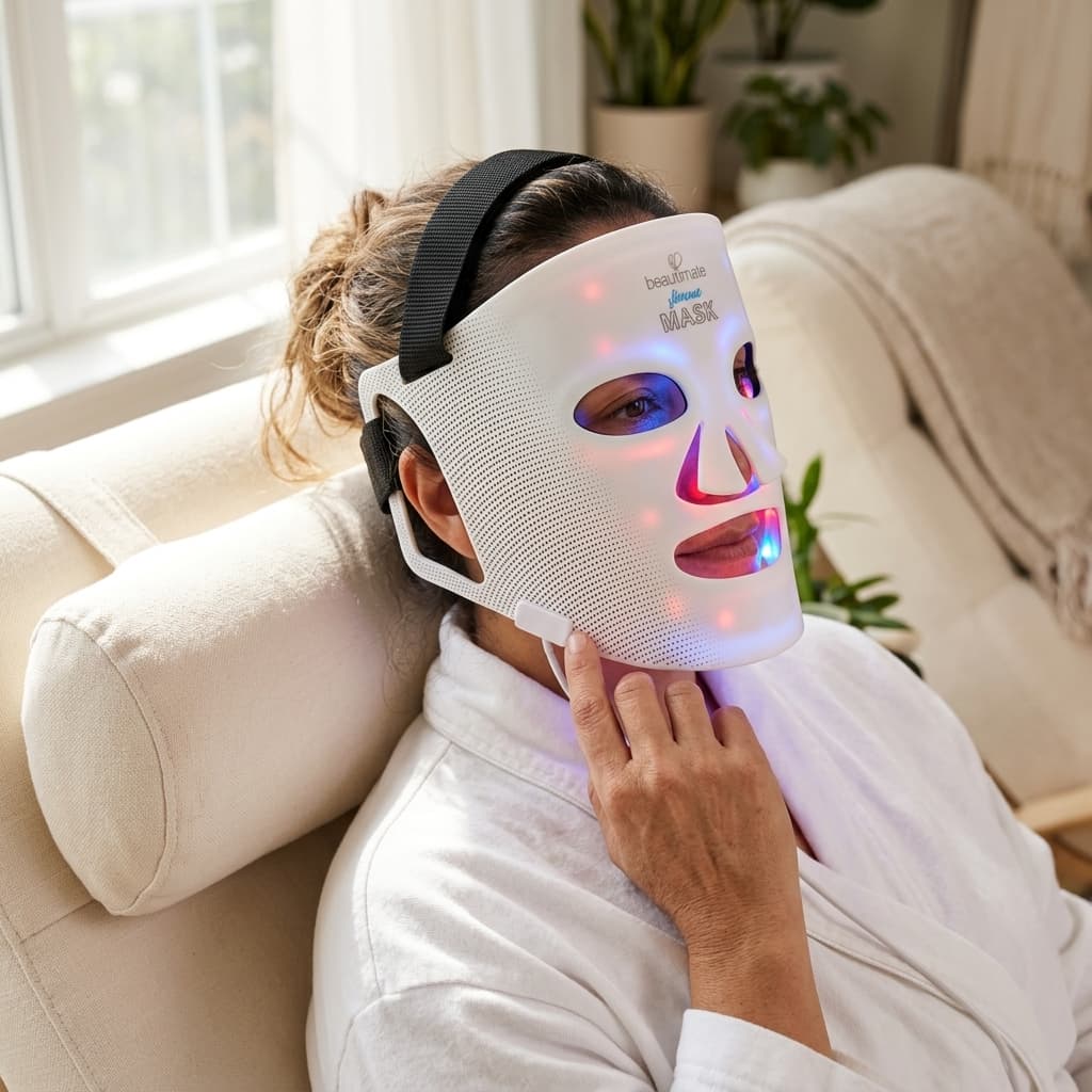 Woman using Beautimate LED Light Therapy Maskduring an at-home facial skincare routine