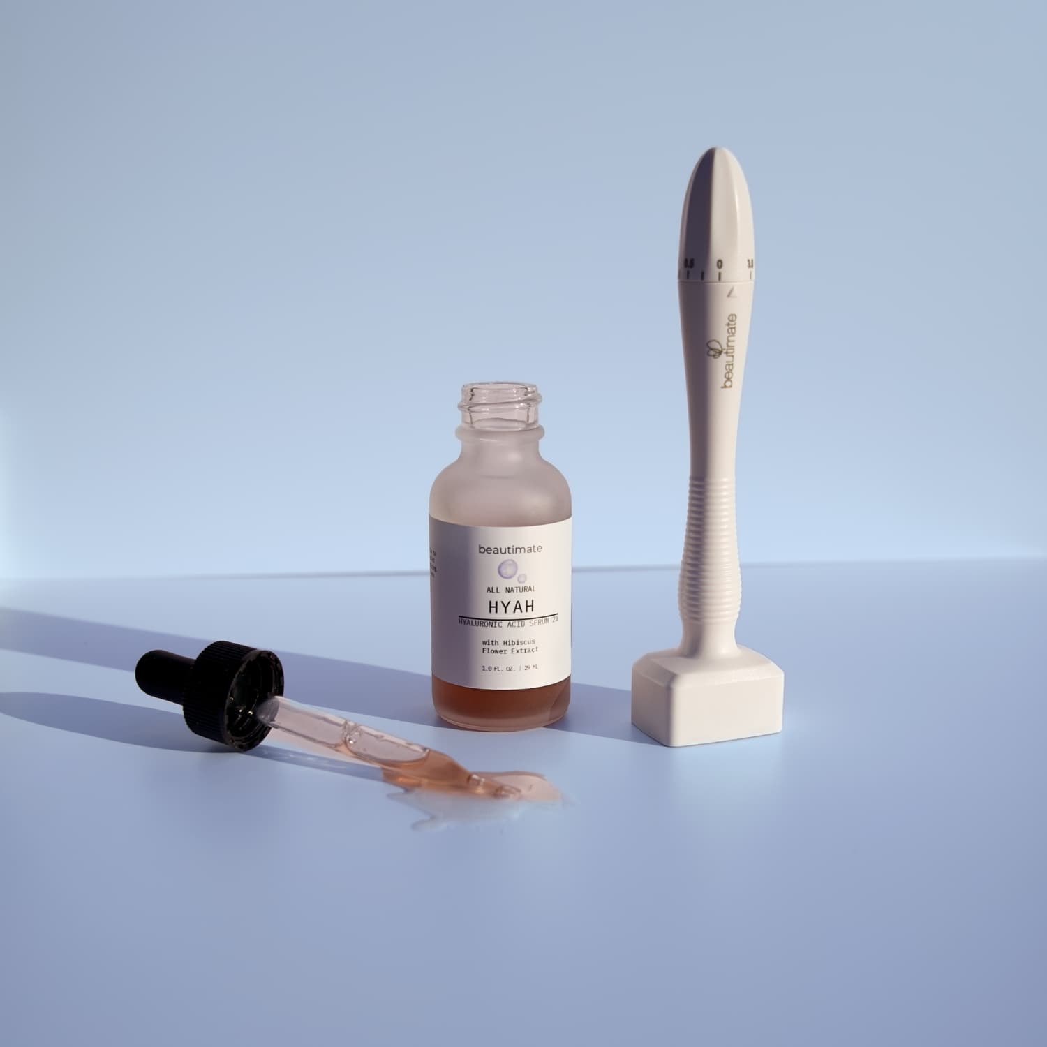 Skincare product beatimate derma stamp with hyaluronic acid serum on a light blue background