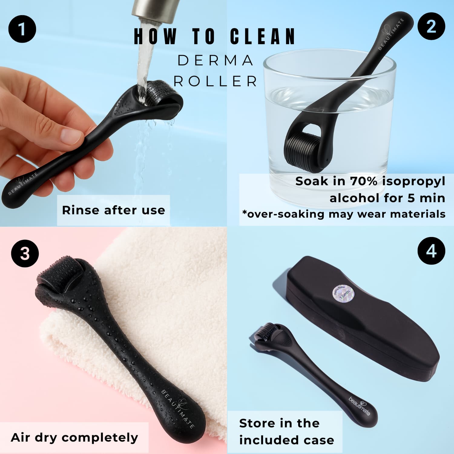 Step-by-step guide on how to clean beautimate derma roller with text instructions.
