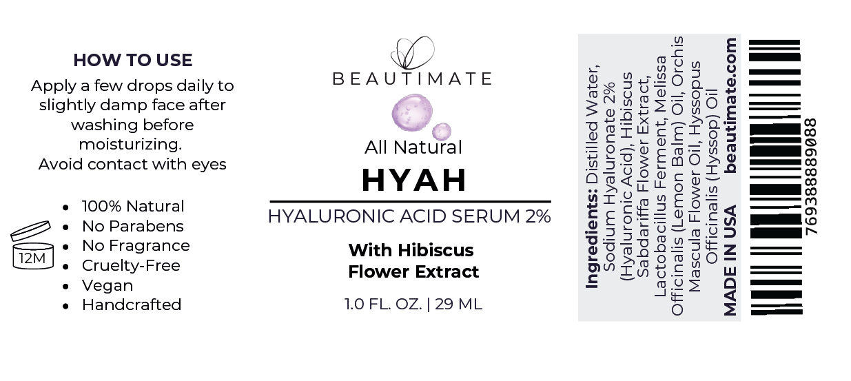 Label of Beautimate Hyah Hyaluronic Acid Serum with product details and usage instructions.