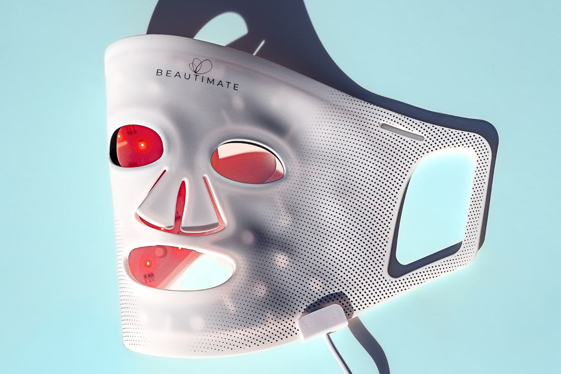 Beautimage mask with LED lights on a light blue background