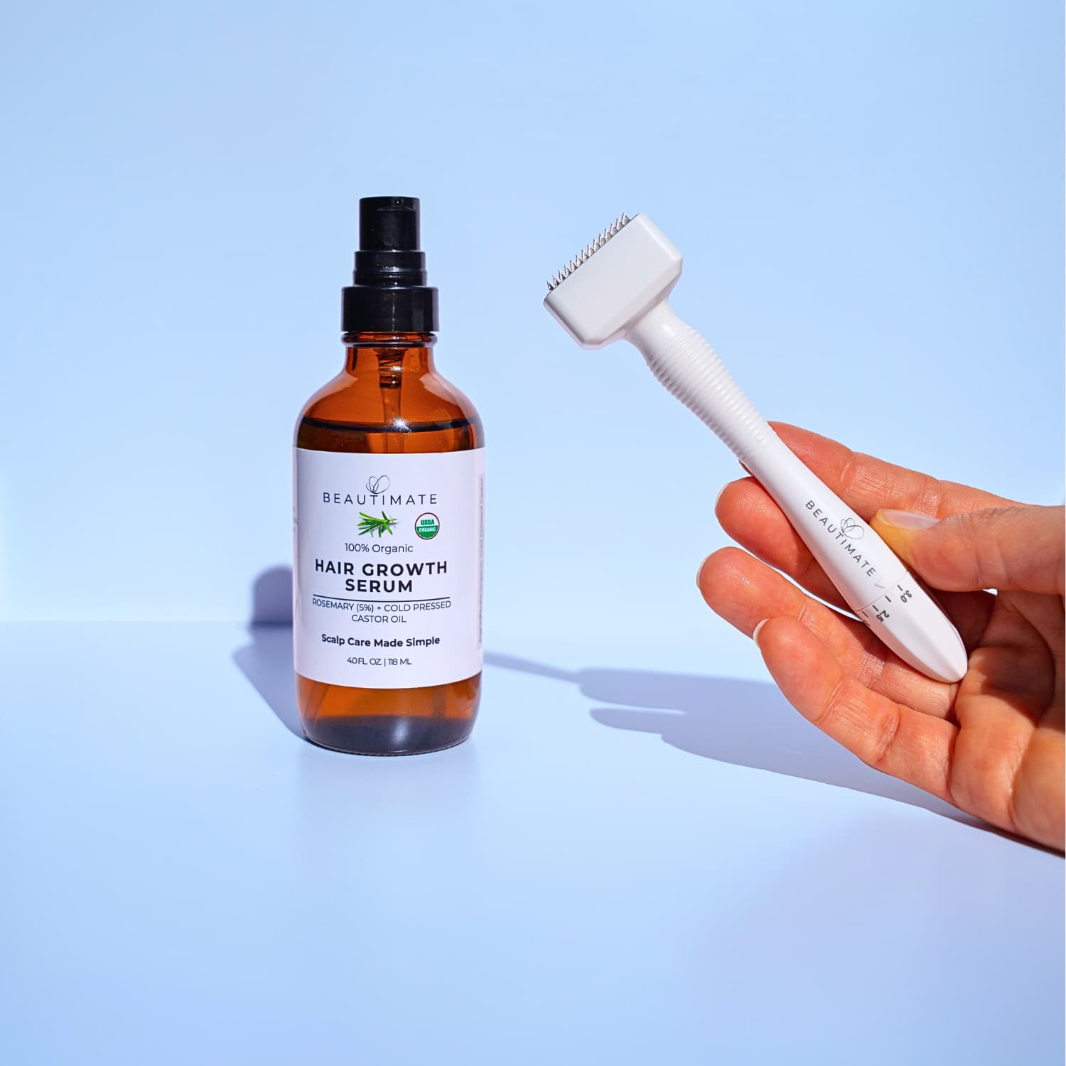 Scalp care bundle with adjustable derma stamp and rosemary castor oil serum