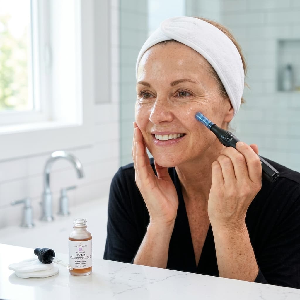     Woman using an adjustable microneedling pen to support serum absorption and skincare routines
