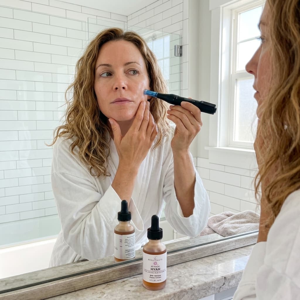 Woman using Beautimate Microneedle Pen during an at-home facial skincare routine